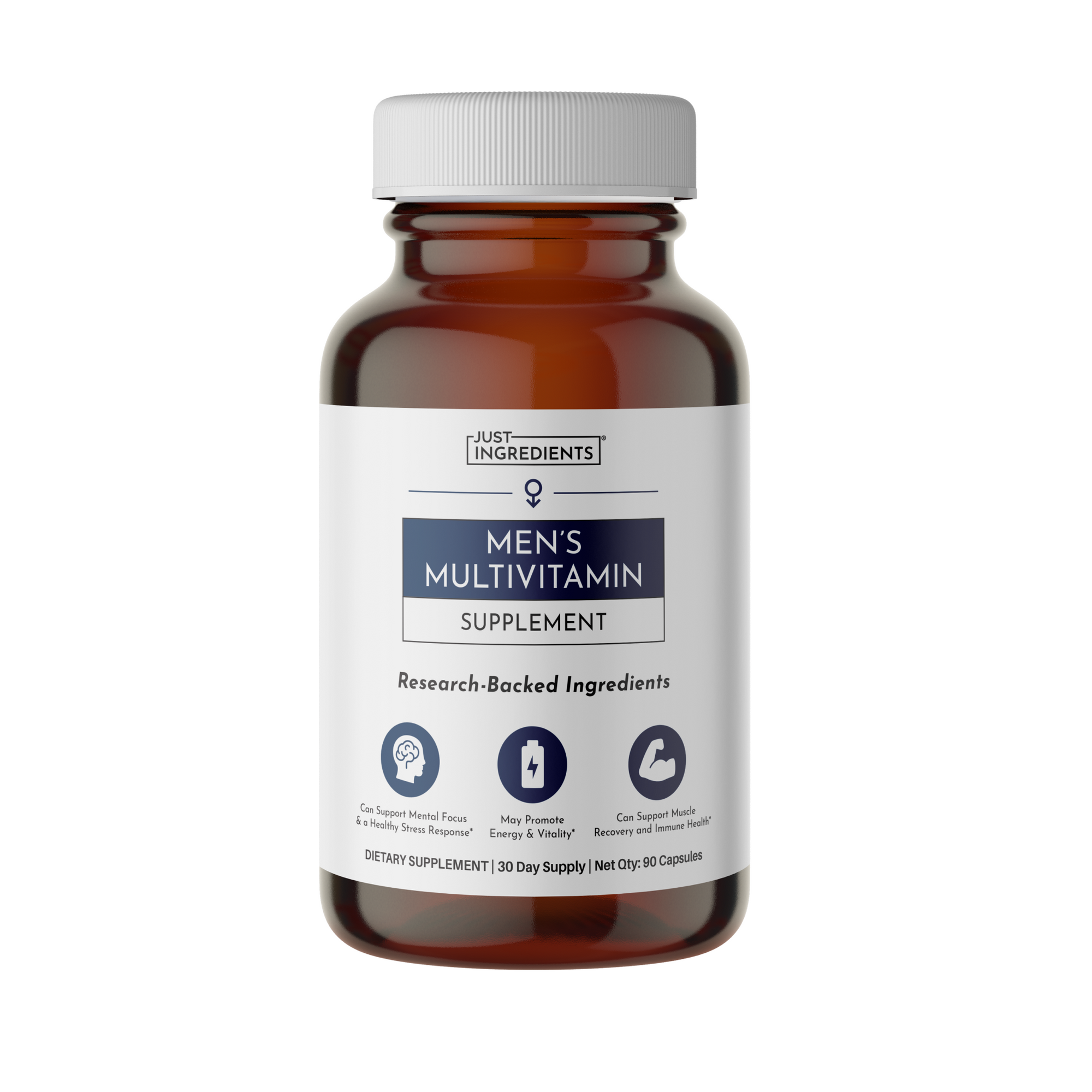 Brown glass bottle with white cap and label reading "Just Ingredients Men's Multivitamin Supplement," 90 capsules.