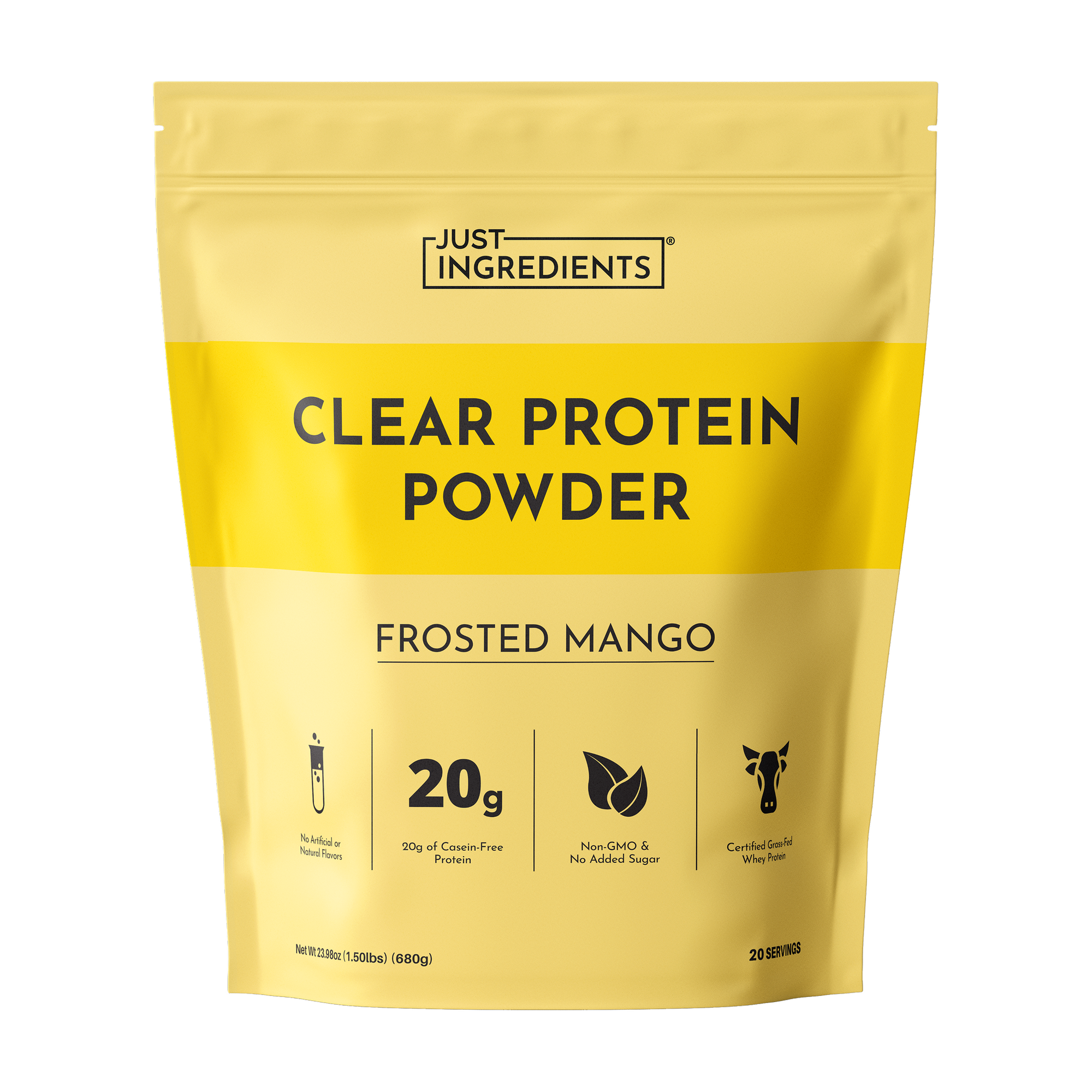 Yellow pouch of Just Ingredients Clear Protein Powder in Frosted Mango flavor with product details and icons displayed on the