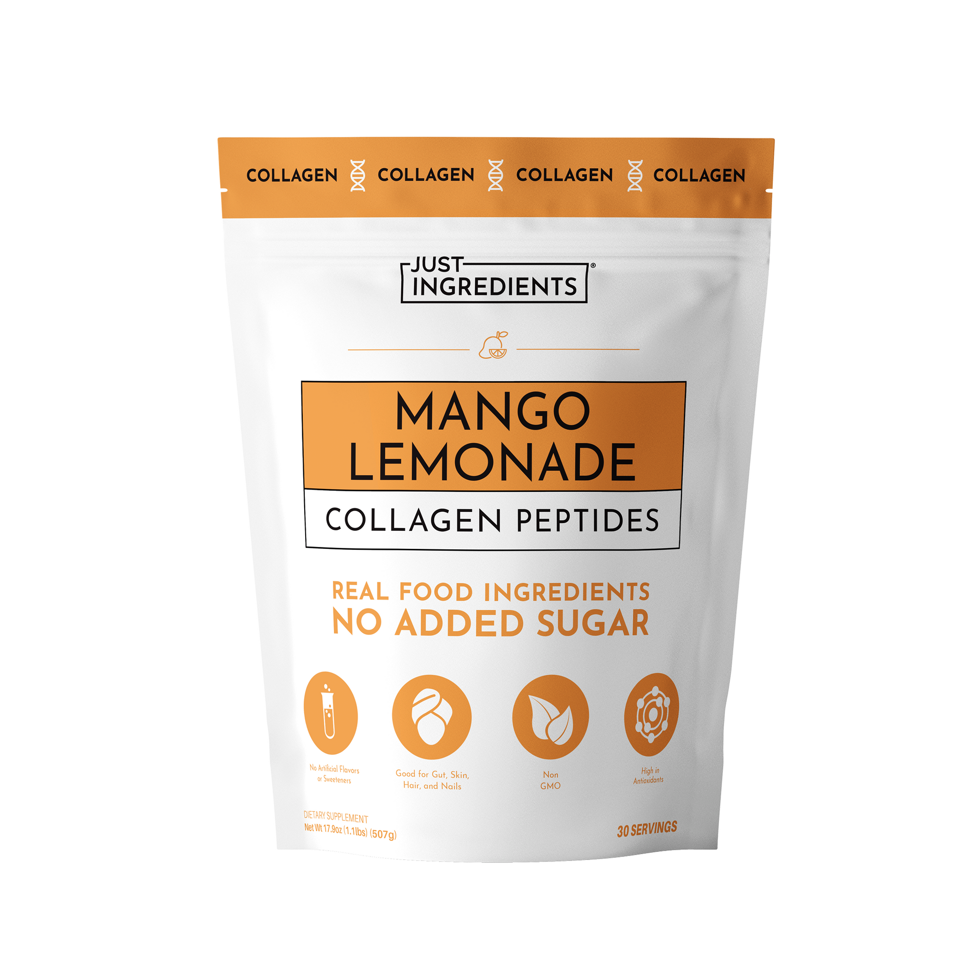 White pouch with orange label featuring "Mango Lemonade Collagen Peptides" text and ingredient icons.