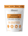 White pouch with orange label featuring "Mango Lemonade Collagen Peptides" text and ingredient icons.