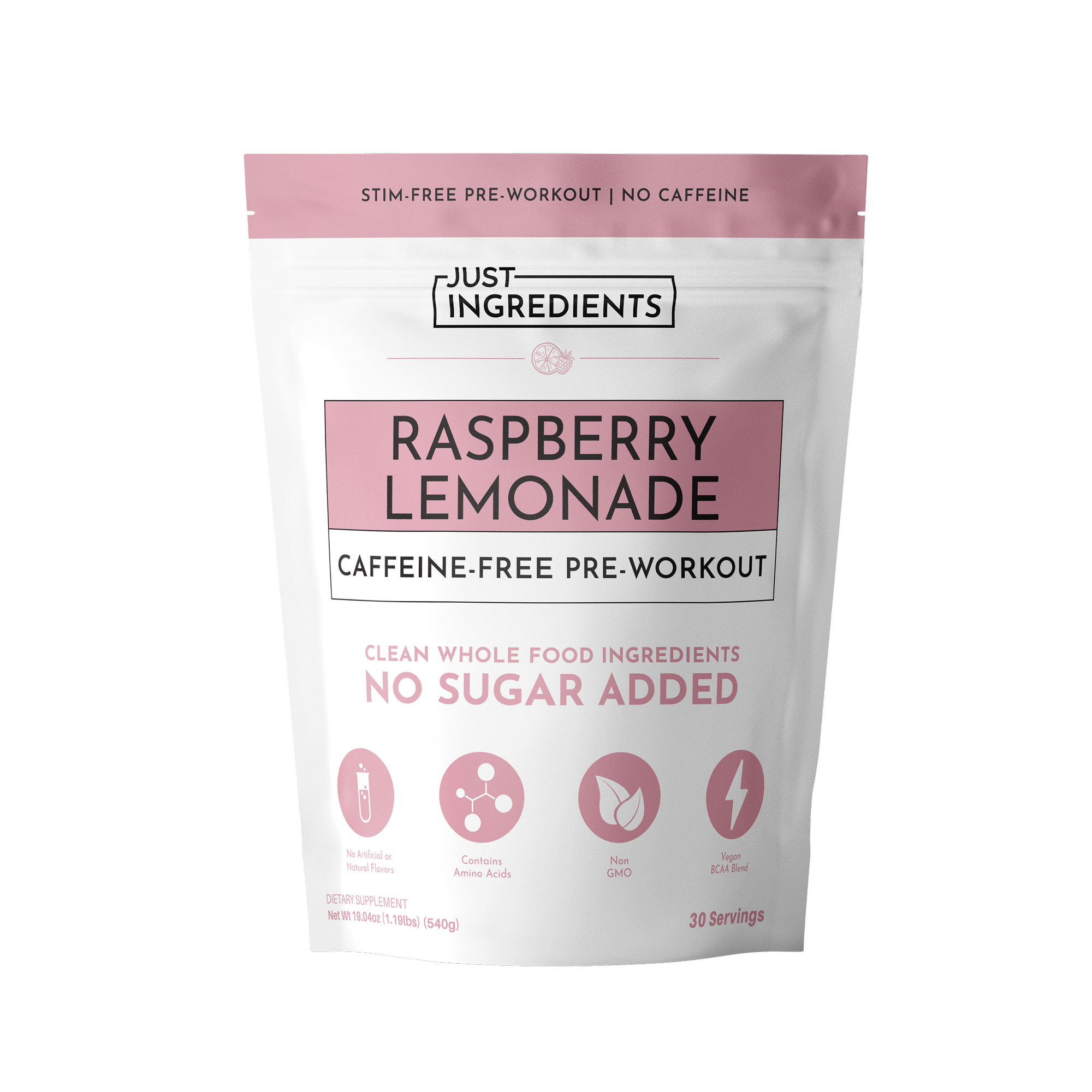 Resealable pouch containing caffeine-free raspberry lemonade pre-workout supplement with 30 servings.
