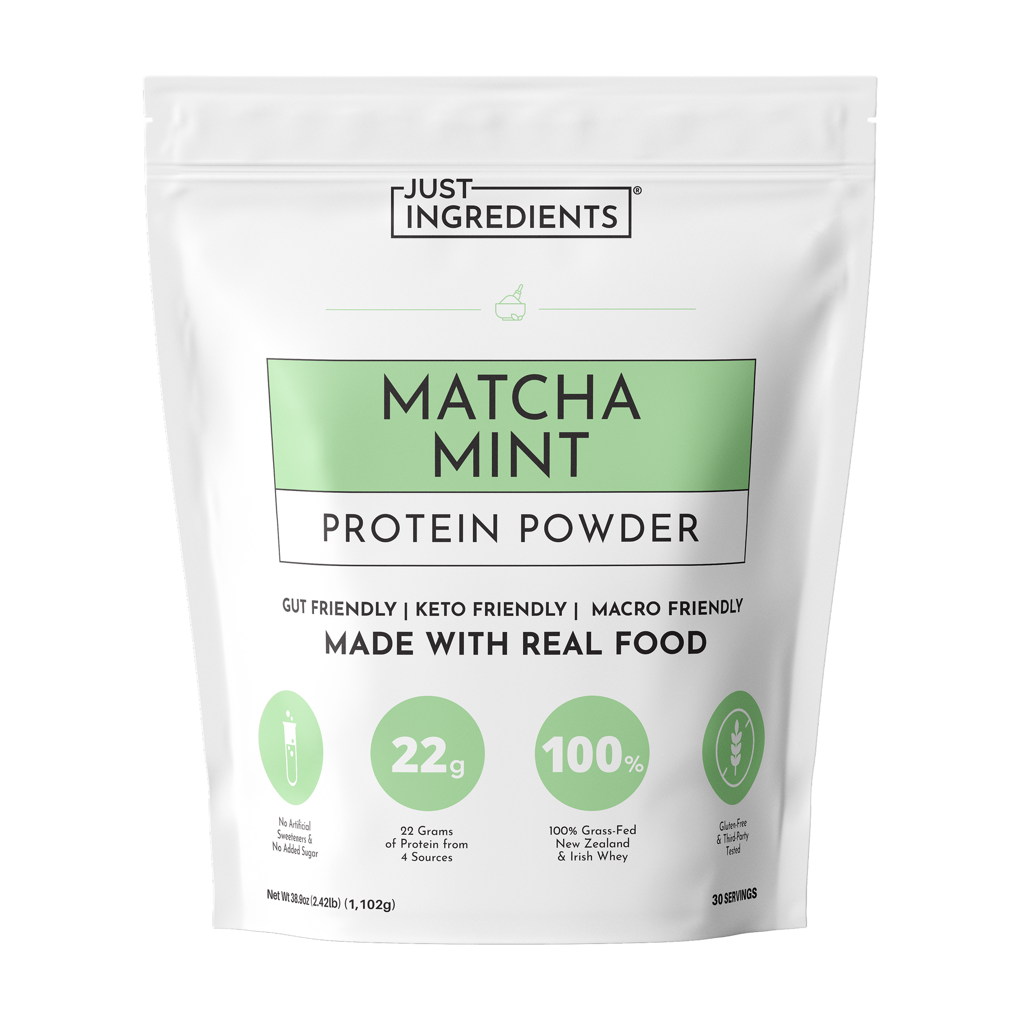 White pouch of Just Ingredients Matcha Mint Protein Powder with green label, 1.102kg size.