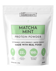 White pouch of Just Ingredients Matcha Mint Protein Powder with green label, 1.102kg size.