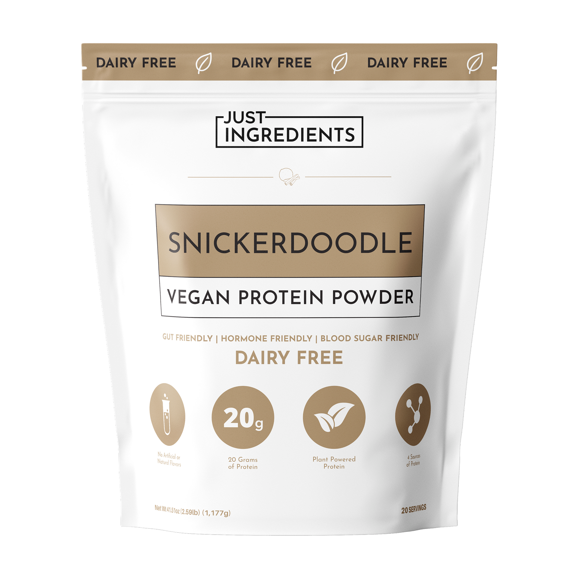 White pouch of Snickerdoodle vegan protein powder with gold accents, featuring 20g of protein per serving.