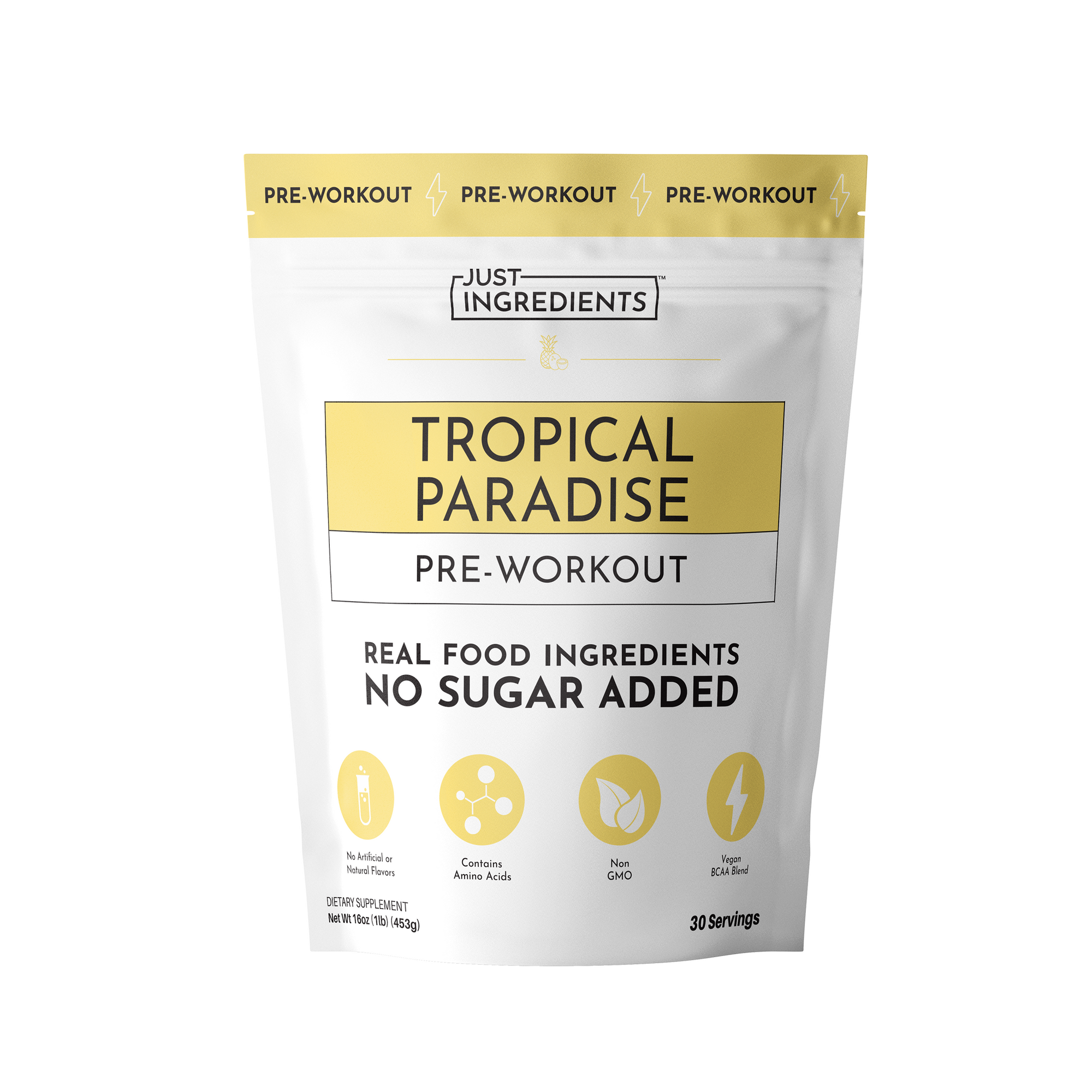 White pouch labeled "Tropical Paradise Pre-Workout" with yellow accents, listing ingredients and serving information.