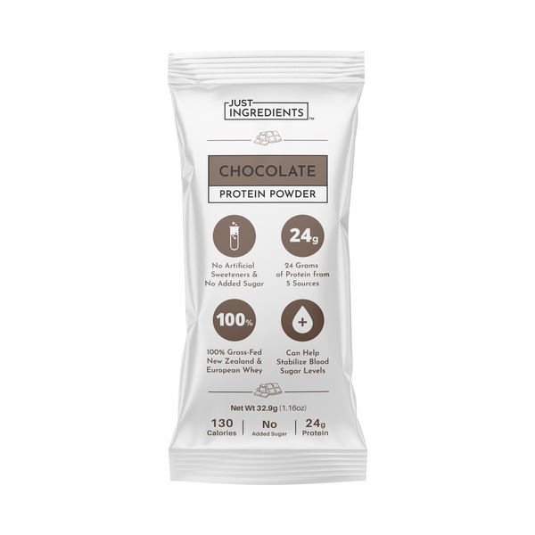 Chocolate protein powder stick with 24g protein, 130 calories, and no artificial sweeteners or added sugar.