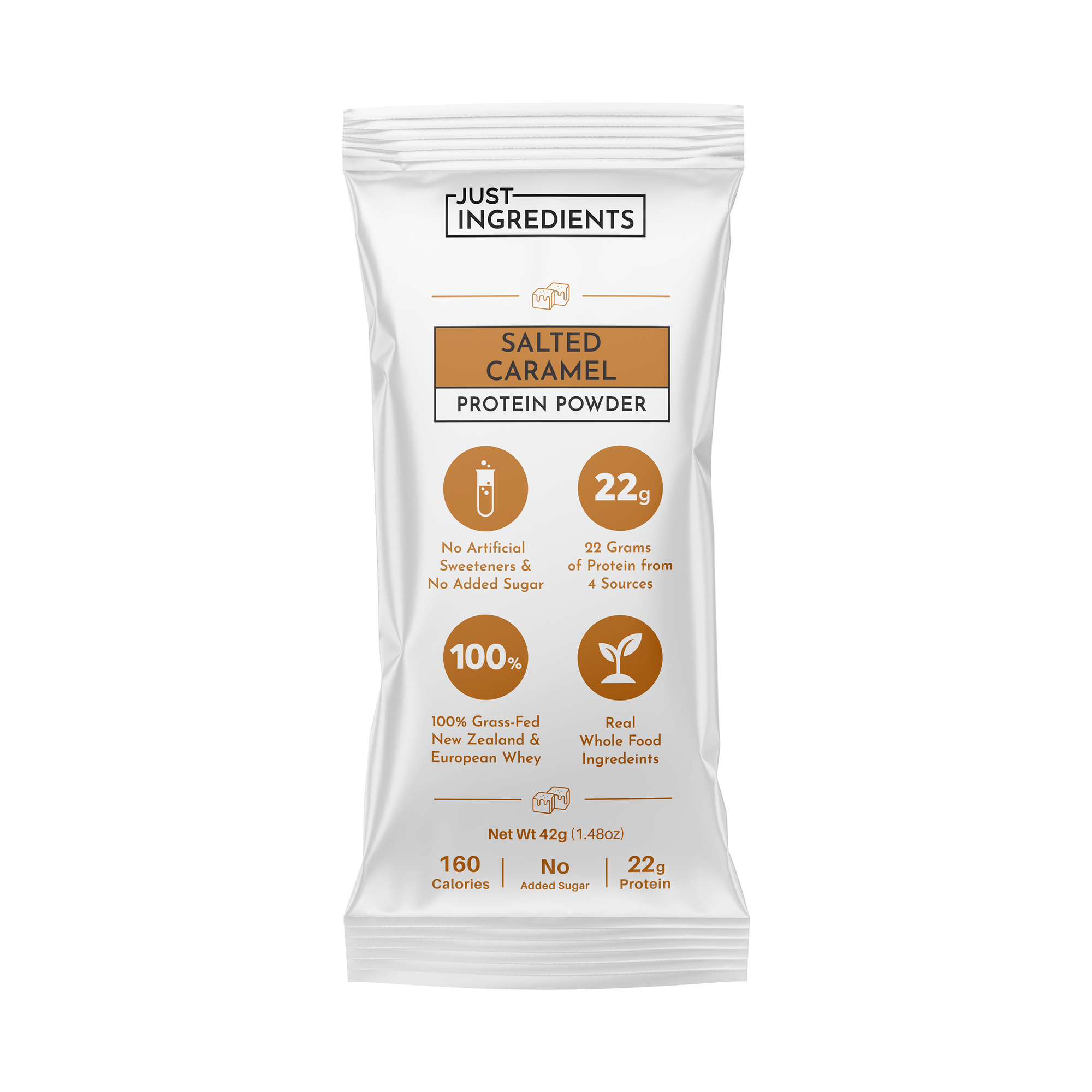 White packaging with brown accents, labeled "Salted Caramel Protein Powder," featuring nutritional information and ingredient