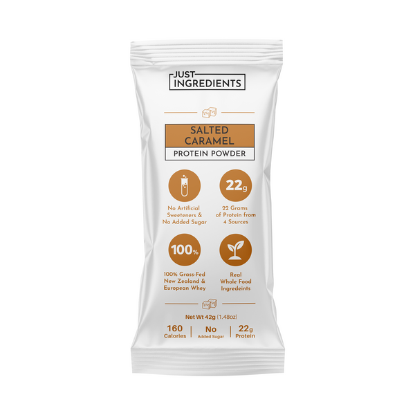 White packaging with brown accents, labeled "Salted Caramel Protein Powder," featuring nutritional information and ingredient