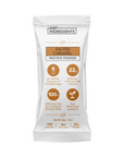 White packaging with brown accents, labeled "Salted Caramel Protein Powder," featuring nutritional information and ingredient