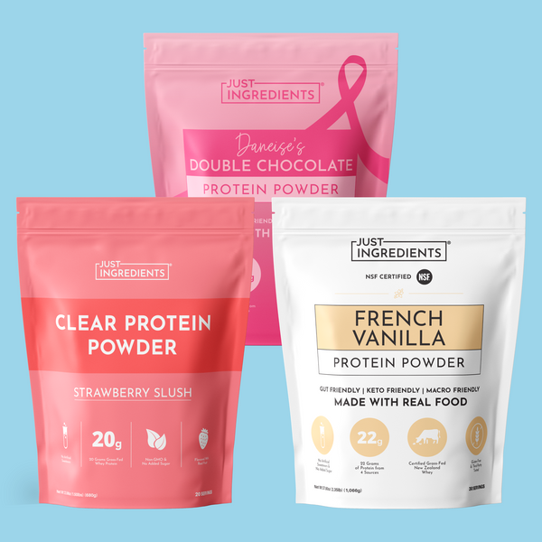 Three protein powder pouches in pink and white: Strawberry Slush Clear Protein, Double Chocolate Protein, and French Vanilla 