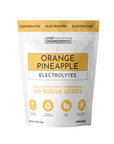 Resealable pouch containing orange pineapple electrolyte powder, labeled with nutritional information and serving details.