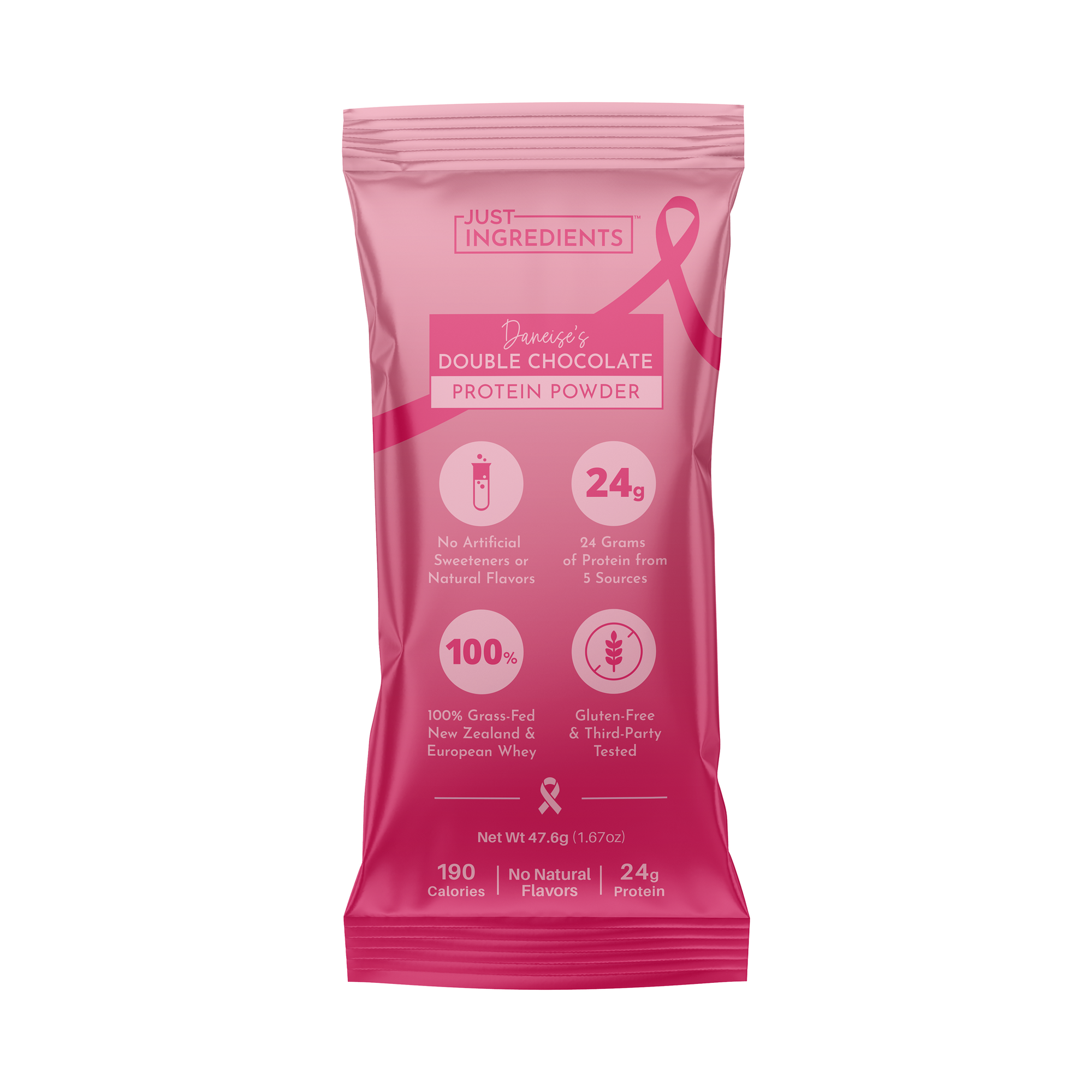 Pink packaging for Double Chocolate Protein Powder, highlighting 24g protein, gluten-free, and no artificial sweeteners.
