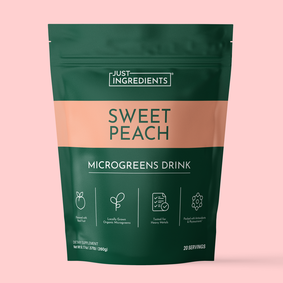 Green and peach pouch of Just Ingredients Sweet Peach Microgreens Drink with product icons and serving information on pink ba