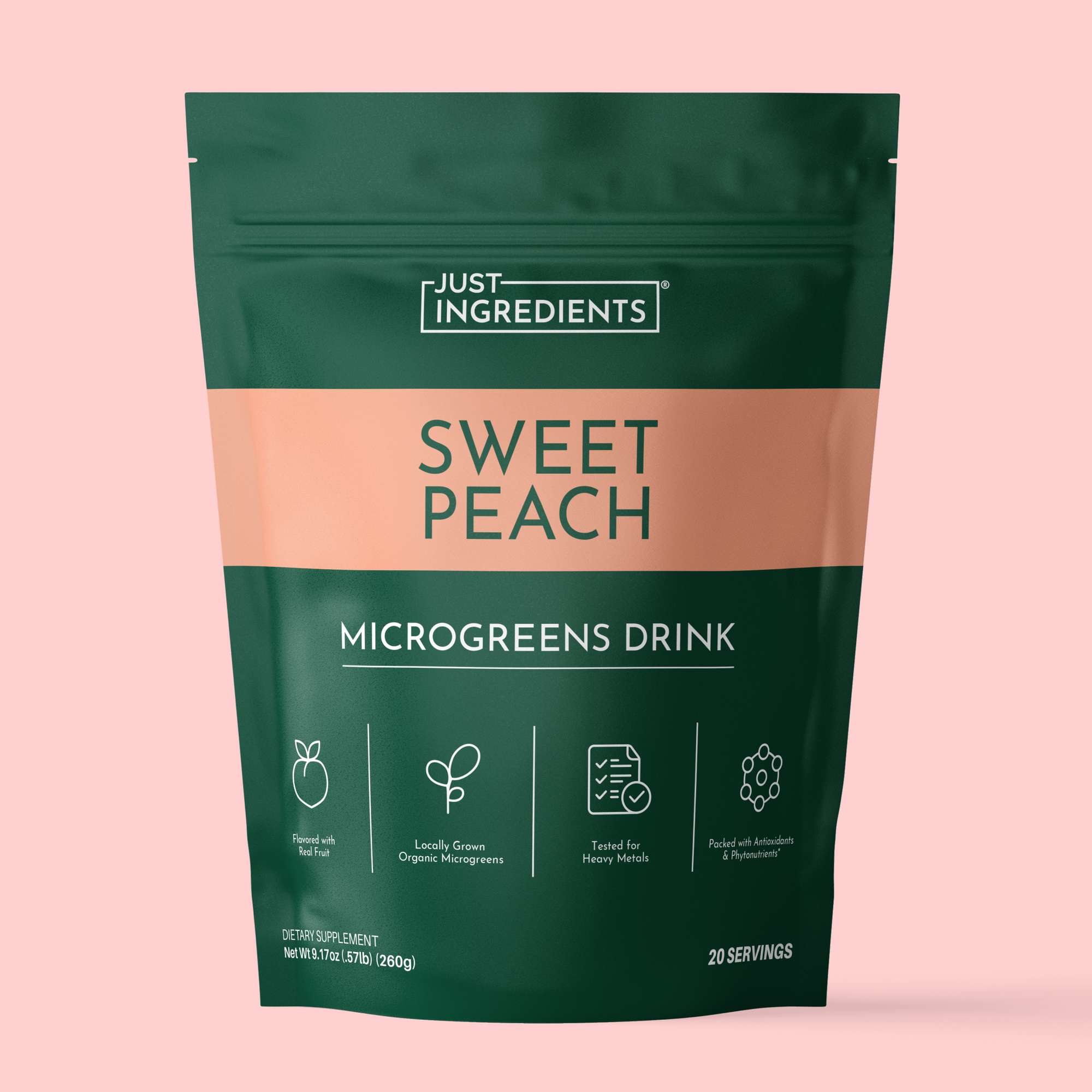 Green and peach pouch of Just Ingredients Sweet Peach Microgreens Drink with product icons and serving information on pink ba