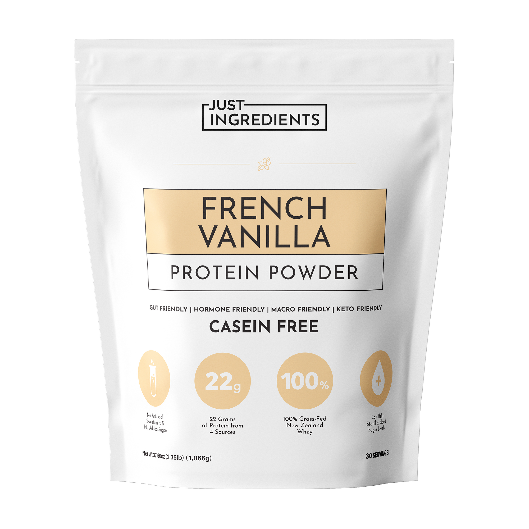 White pouch of French Vanilla protein powder with nutritional information and branding details.