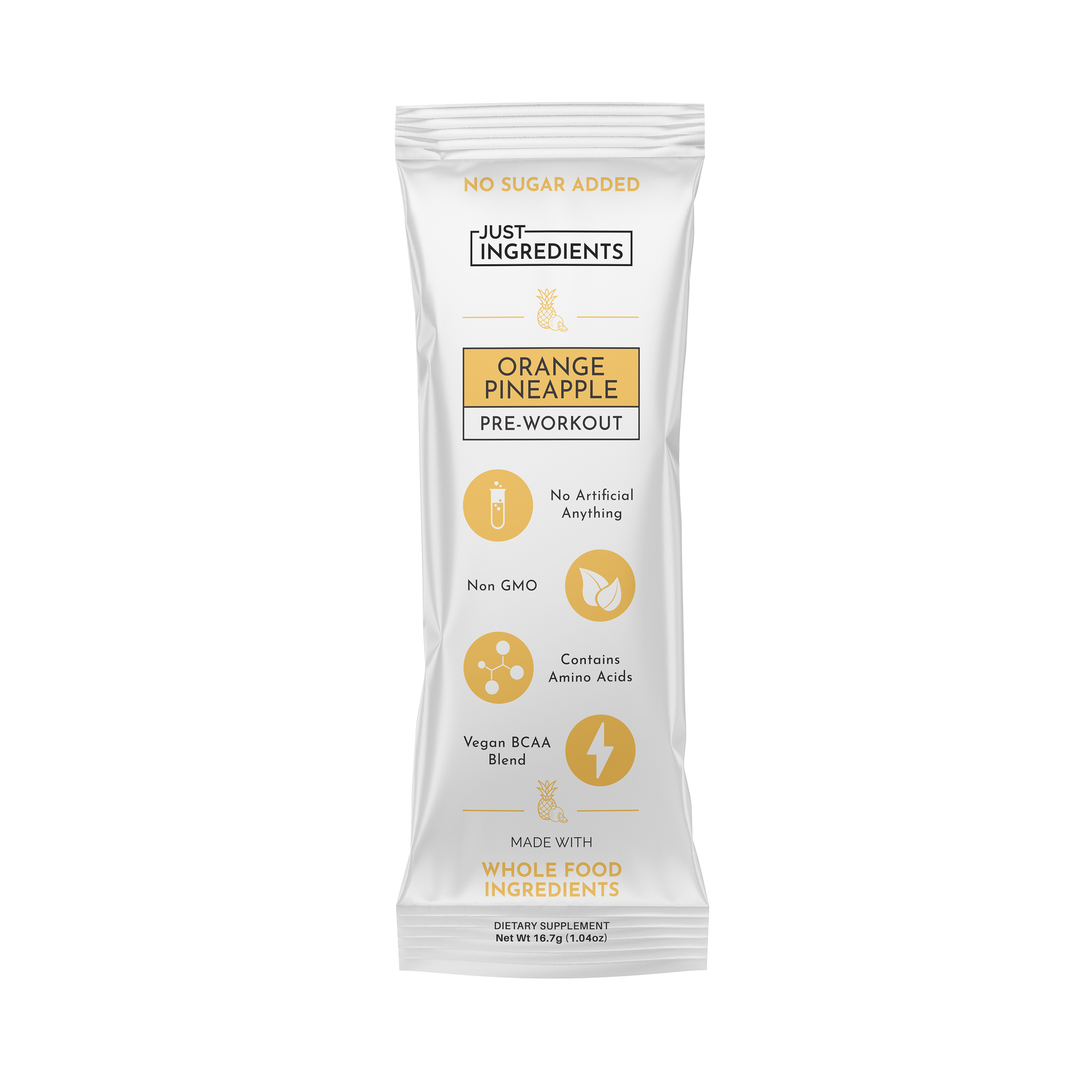 Single stick pack of Orange Pineapple pre-workout with visible ingredient highlights and nutrition callouts.