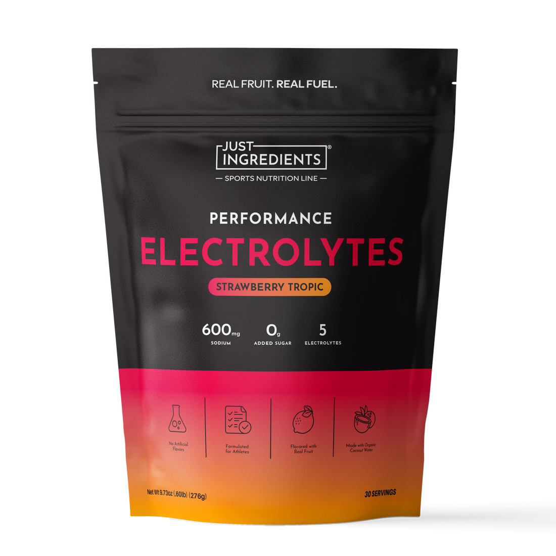 Black pouch with pink and orange gradient base displaying "Performance Electrolytes Strawberry Tropic" text and nutritional i