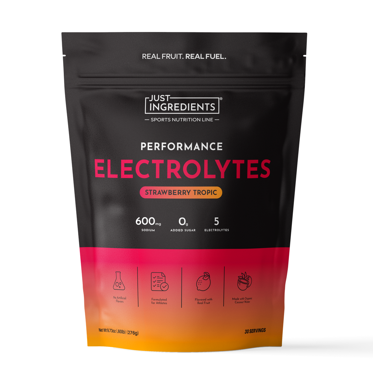 Black pouch with pink and orange gradient base displaying "Performance Electrolytes Strawberry Tropic" text and nutritional i