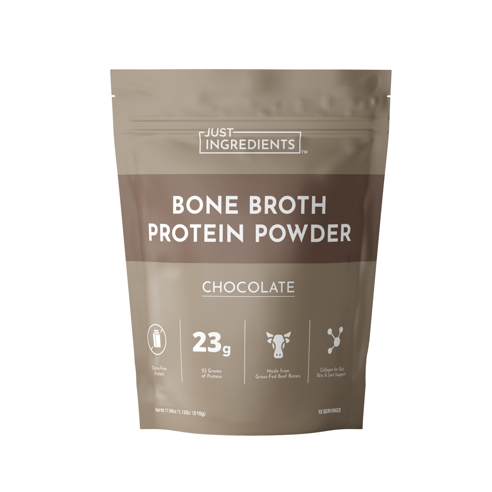Package of Just Ingredients Bone Broth Protein Powder in chocolate flavor on a white background