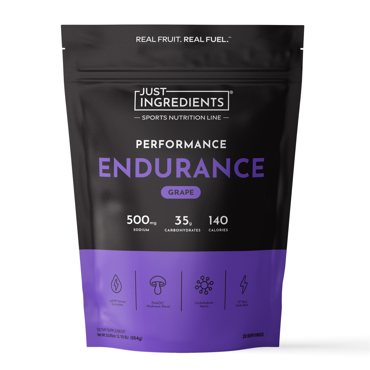 Black and purple pouch of Just Ingredients Performance Endurance Grape sports drink powder with nutrition facts and icons.