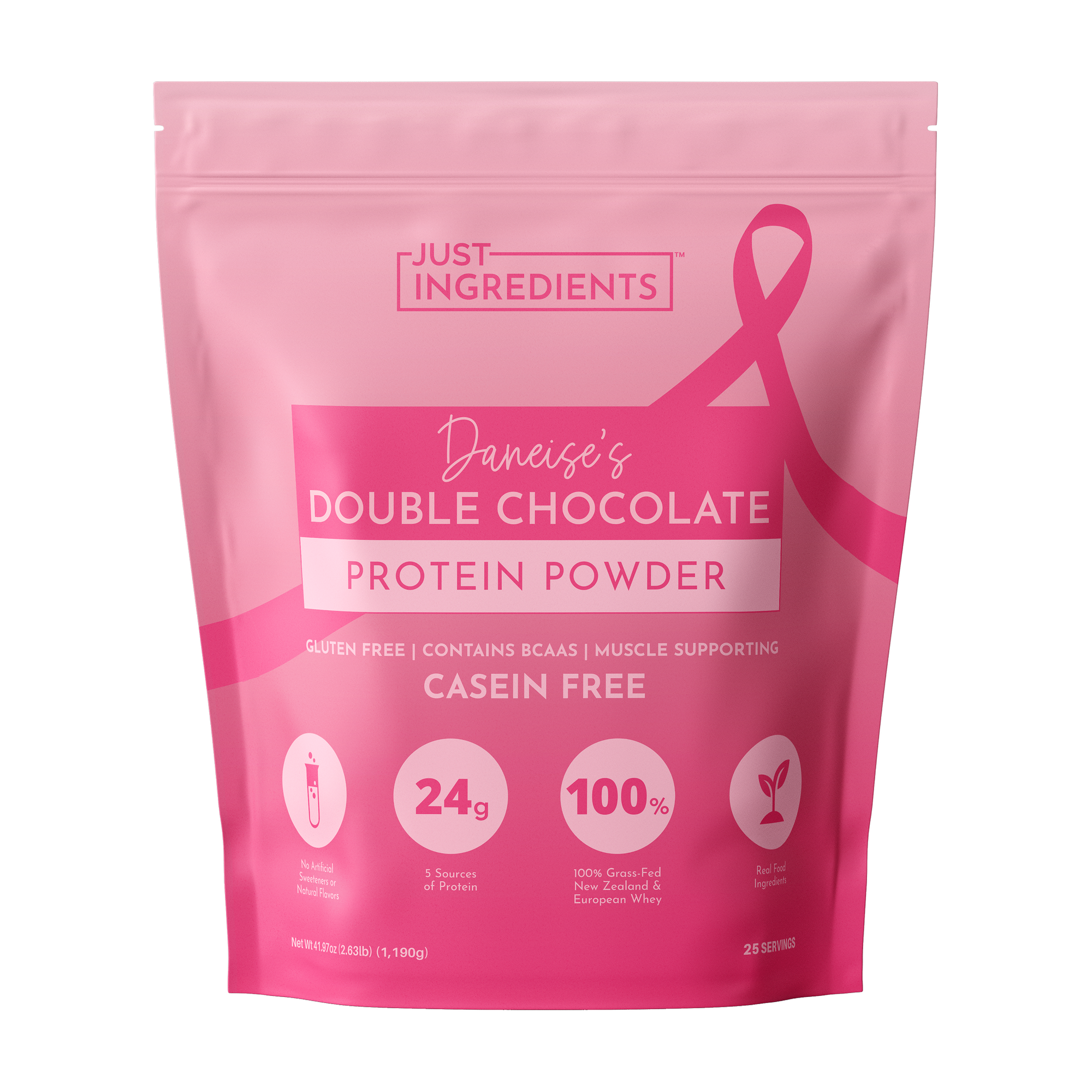 Daneise's Double Chocolate Protein Powder package with a breast cancer awareness ribbon