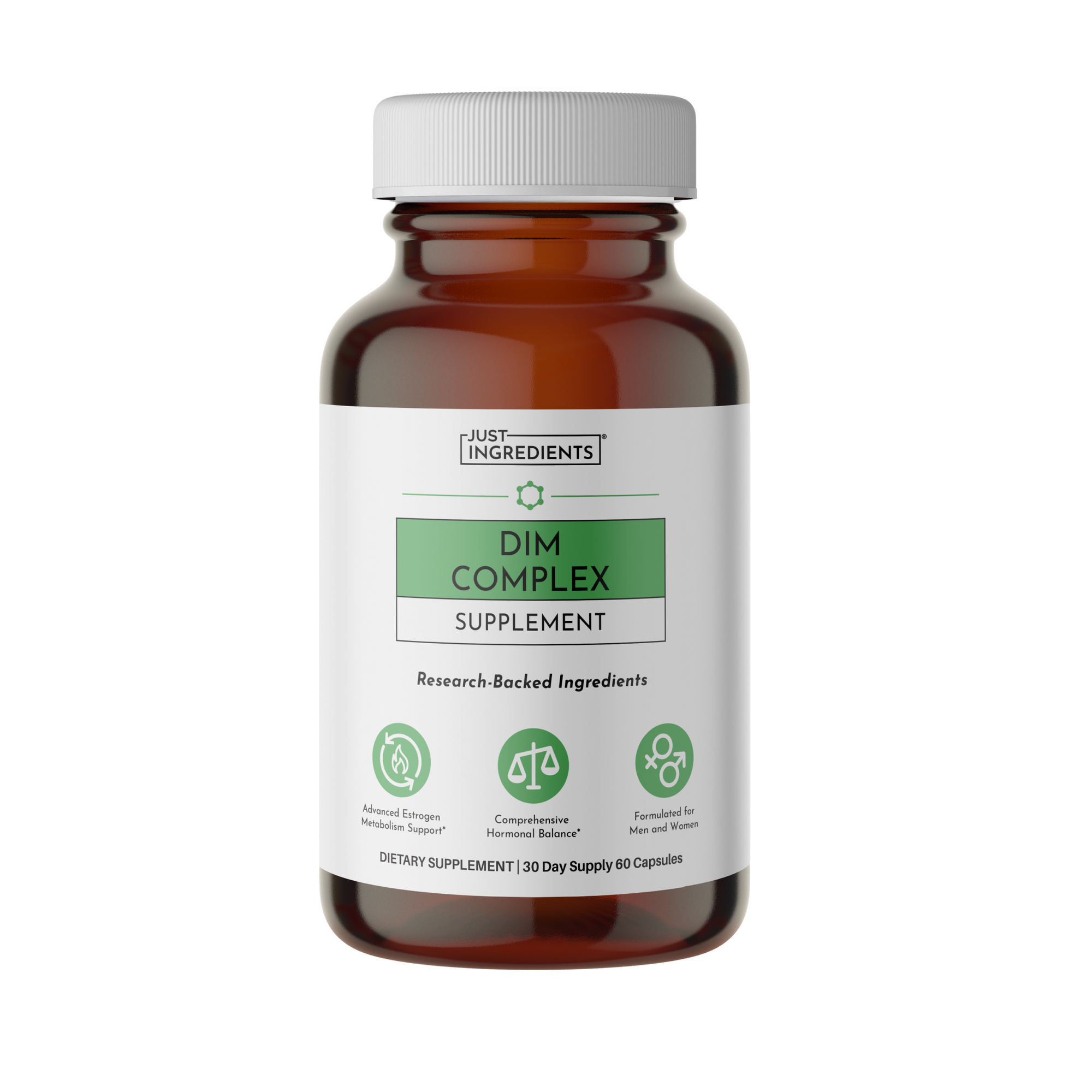 Brown glass bottle of Just Ingredients DIM Complex supplement with white cap and label, 60 capsules for 30-day supply.