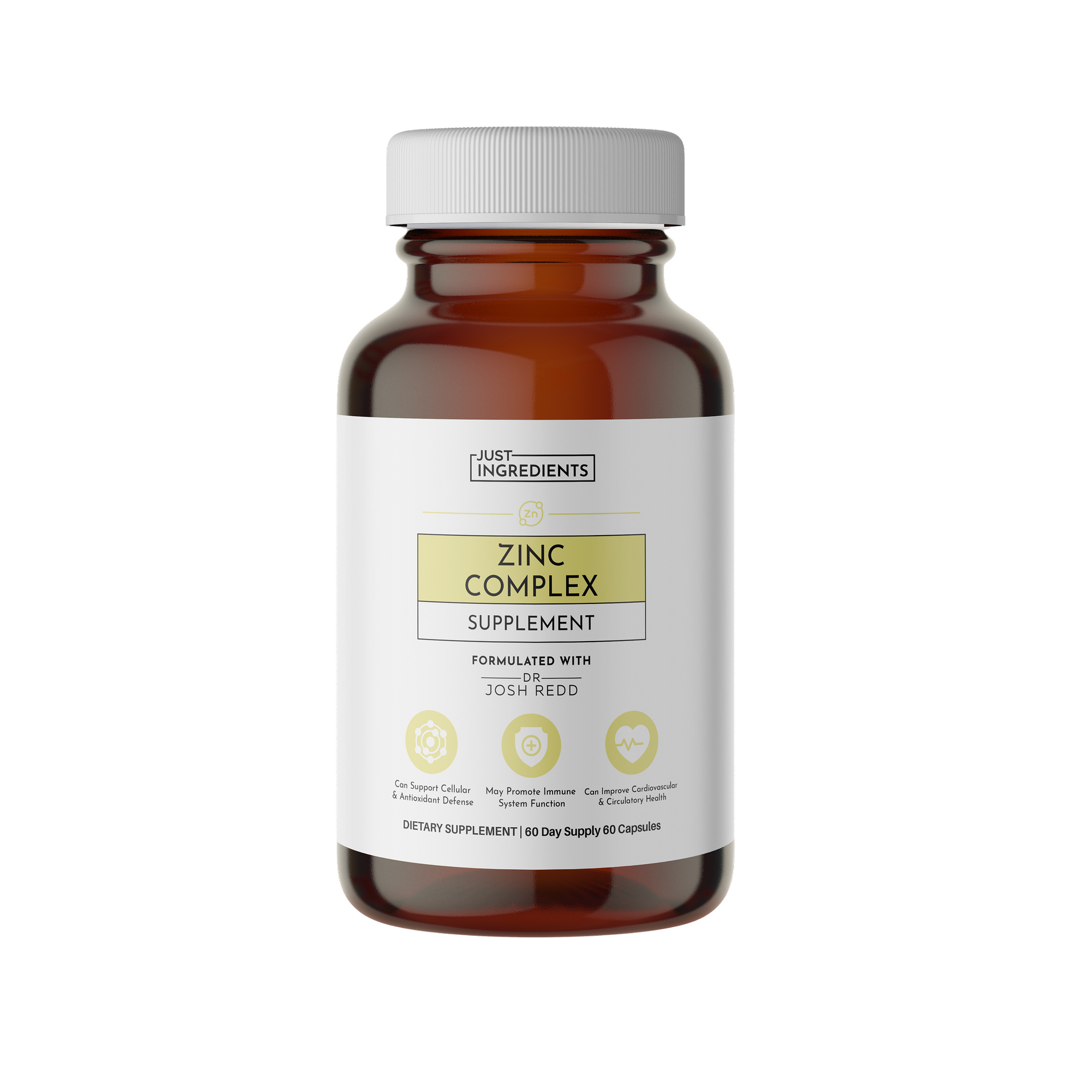 Brown bottle of Zinc Complex dietary supplement with a white label and yellow accents, containing 60 capsules.