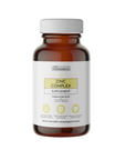 Brown bottle of Zinc Complex dietary supplement with a white label and yellow accents, containing 60 capsules.