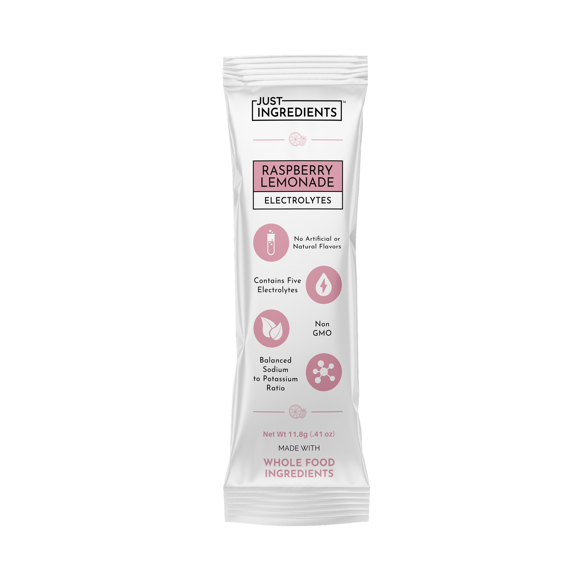 Electrolyte stick package featuring raspberry lemonade flavor, listing key benefits and ingredients.