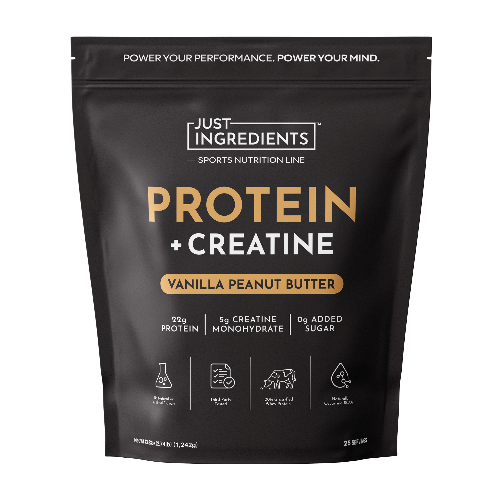 Black pouch containing Vanilla Peanut Butter Protein + Creatine, listing nutritional information and serving details.