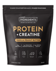 Black pouch containing Vanilla Peanut Butter Protein + Creatine, listing nutritional information and serving details.