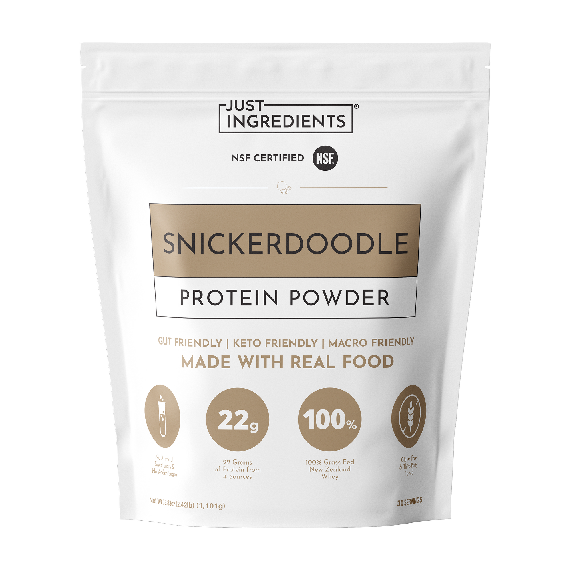 White pouch of Just Ingredients Snickerdoodle Protein Powder with tan label, NSF certified, showing 22g protein and 30 servin