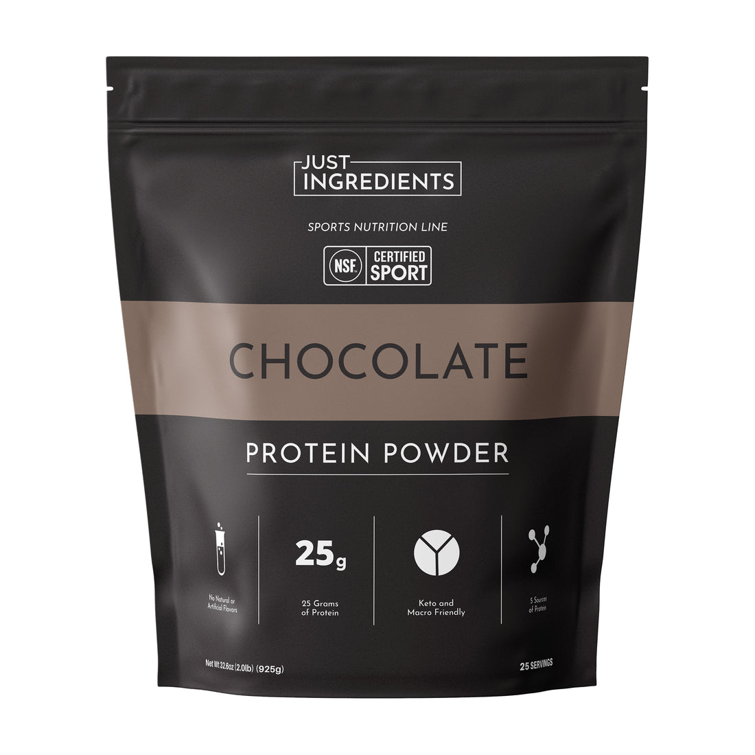 Brown resealable pouch of Chocolate Protein Powder showing nutrition facts and NSF Certified for Sport label.