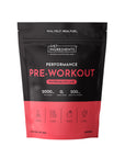 Black and coral resealable pouch for Watermelon Lime Performance Pre-Workout with ingredient details and icons.