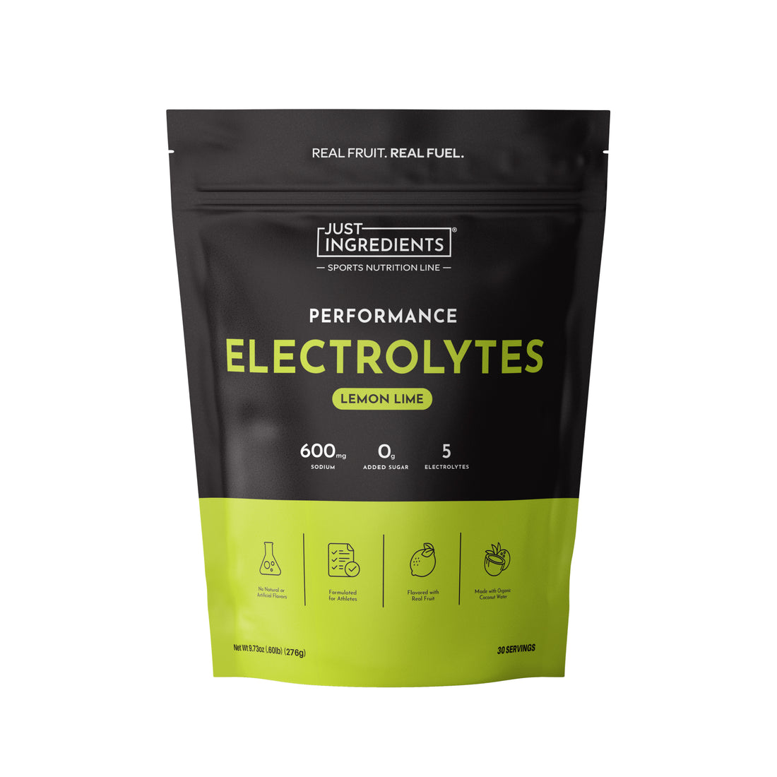 Lemon lime electrolyte pouch in black and lime green with product details and icons.