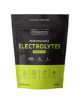 Black and lime green pouch of Just Ingredients Performance Electrolytes in Lemon Lime flavor with product details and icons.