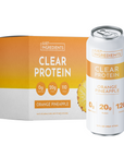 Clear protein drink in orange pineapple flavor, with a box containing eight 16 fl oz cans.