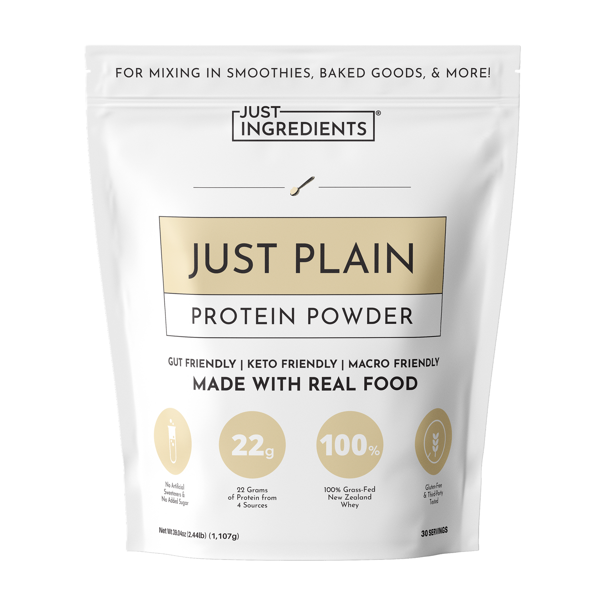 White pouch of Just Plain Protein Powder by Just Ingredients with product information and nutritional badges displayed.