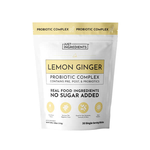 White pouch with gold accents labeled "Lemon Ginger Probiotic Complex" containing 30 single serving sticks.