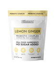 White pouch with gold accents labeled "Lemon Ginger Probiotic Complex" containing 30 single serving sticks.
