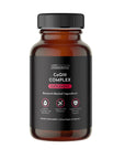 Dark amber glass bottle with black screw cap containing CoQ10 Complex dietary supplement capsules.