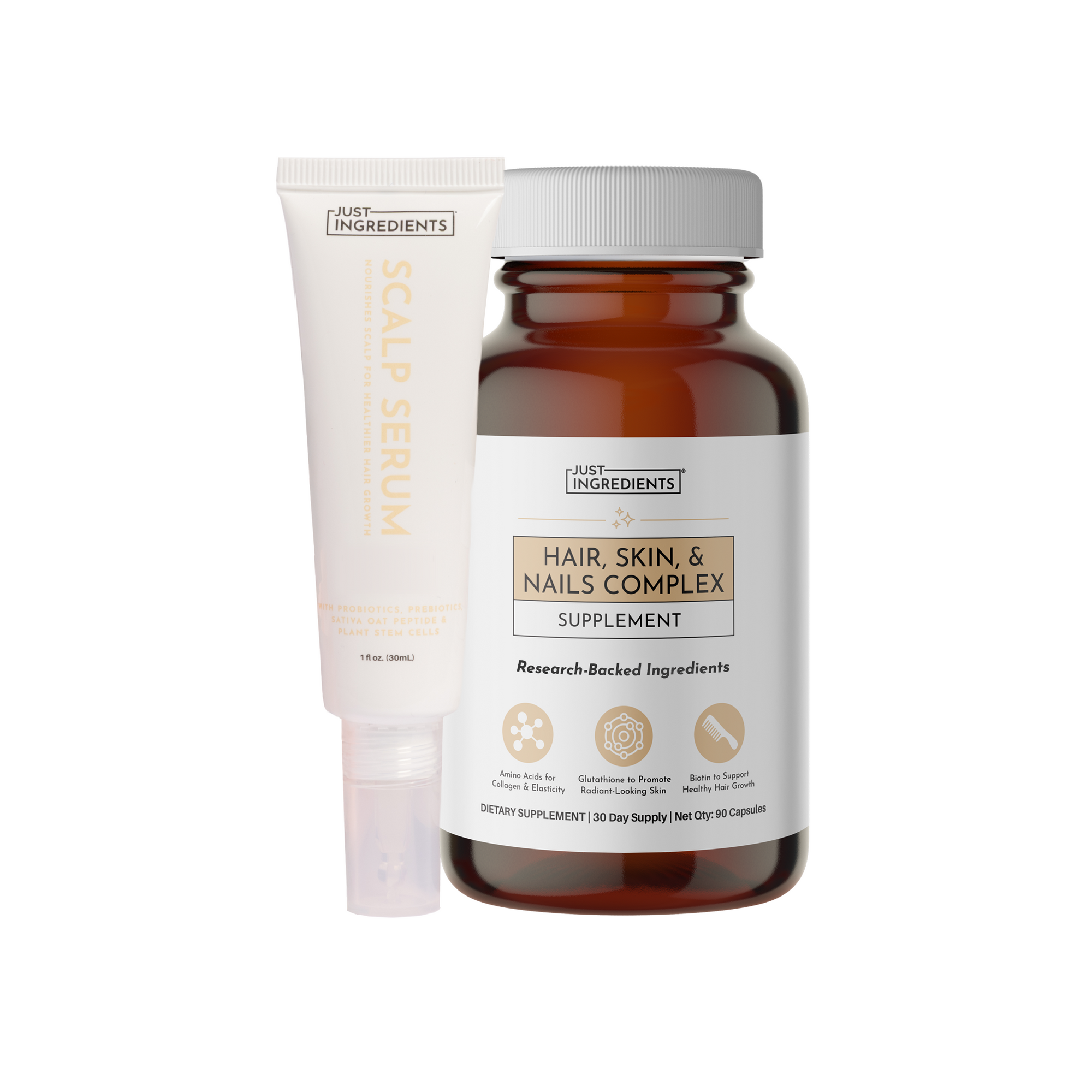 White tube of scalp serum and amber bottle of Hair, Skin, and Nails Complex supplement with white cap.