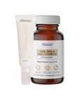 White tube of scalp serum and amber bottle of Hair, Skin, and Nails Complex supplement with white cap.
