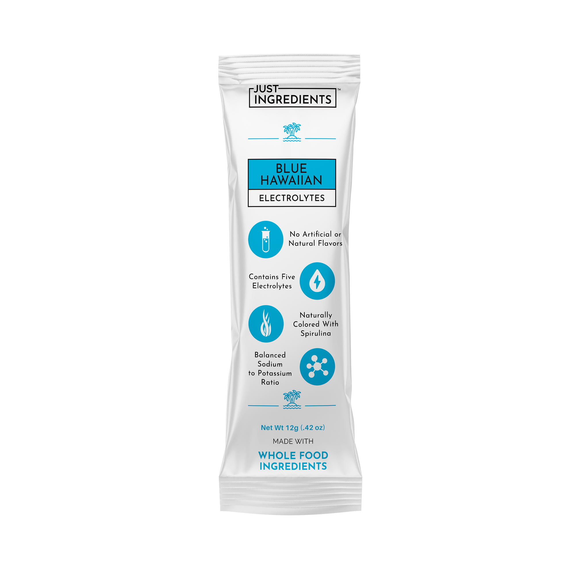 Electrolyte stick package featuring blue Hawaiian flavor, with details on ingredients and nutritional benefits.