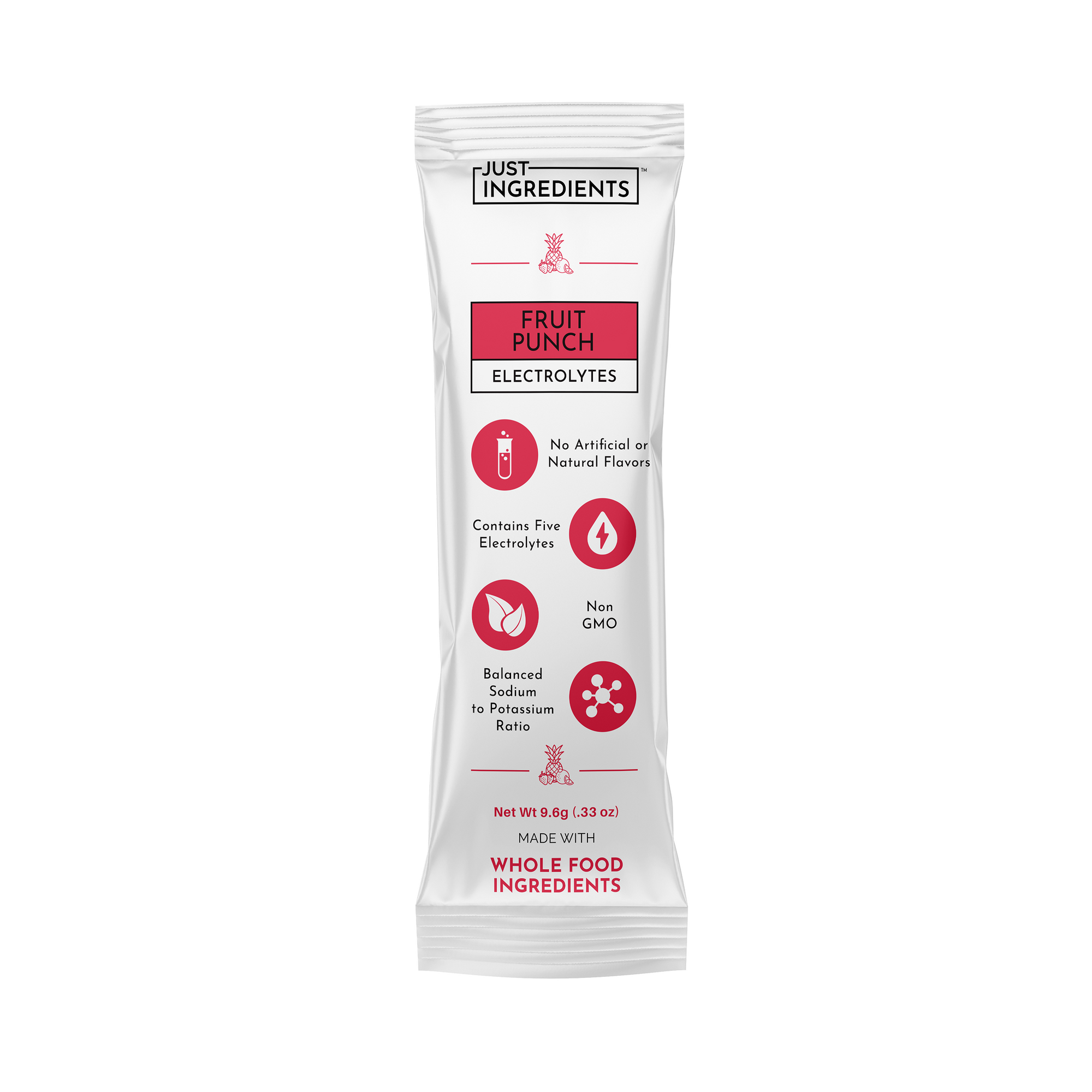 Electrolyte stick in a white package with red accents, labeled "Fruit Punch" and featuring nutritional information.
