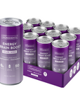 Twelve purple aluminum cans of grape soda energy drink with silver pull-tab tops arranged in a purple cardboard case box.