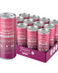 Twelve pink aluminum cans of Pomberry Punch Energy + Brain Boost drink in cardboard packaging box.