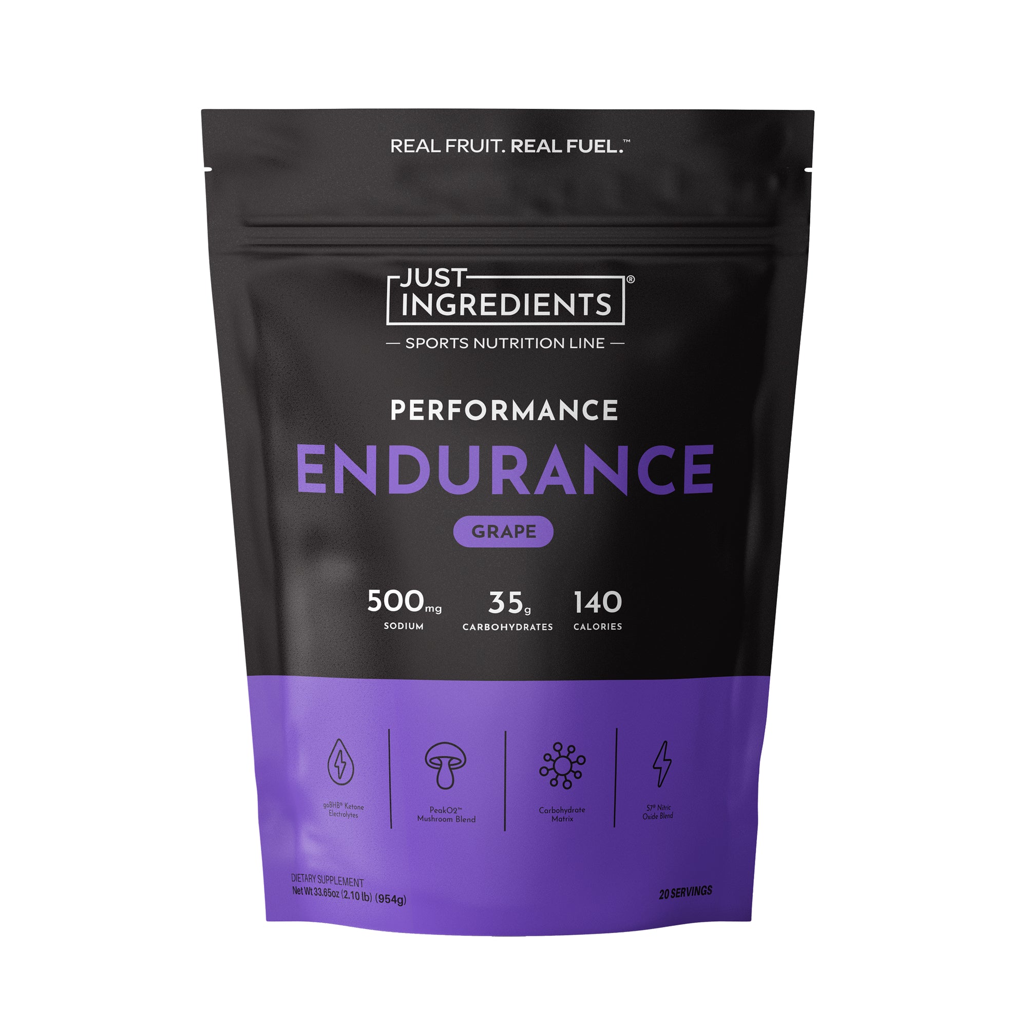 Black and purple pouch of Just Ingredients Performance Endurance Grape sports drink with nutrition information and ingredient