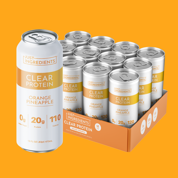 Twelve cans of Just Ingredients Clear Protein in orange pineapple flavor with nutrition information displayed on packaging an