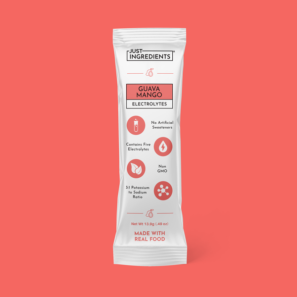 Packaging mockup: Guava Mango Electrolytes single-serve stick packet, front label showing flavor and key benefits.